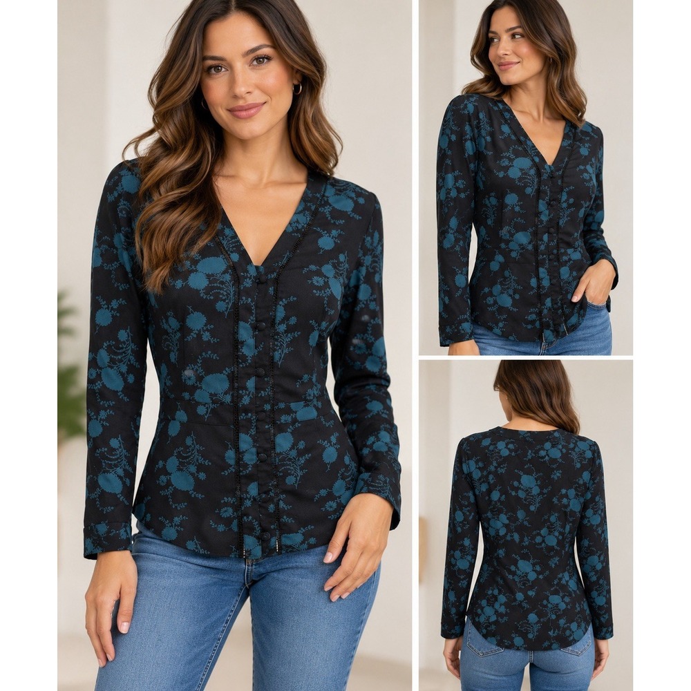 Ann Taylor Floral Green & Black Blouse Career Button Up Office Women's S size 10